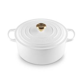 LE CREUSET - Cocotte Signature Redonda 28cm Branco Pomo Dourado 21177280101441